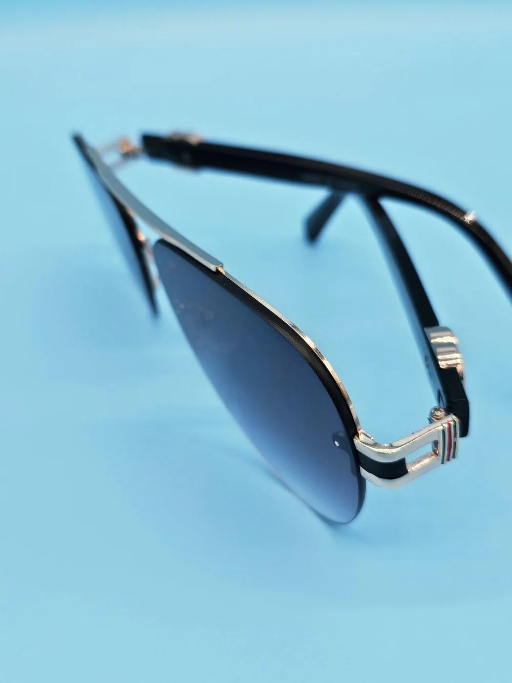 Men's Black and Silver Aviator Sunglasses with Blue Gradient Lenses